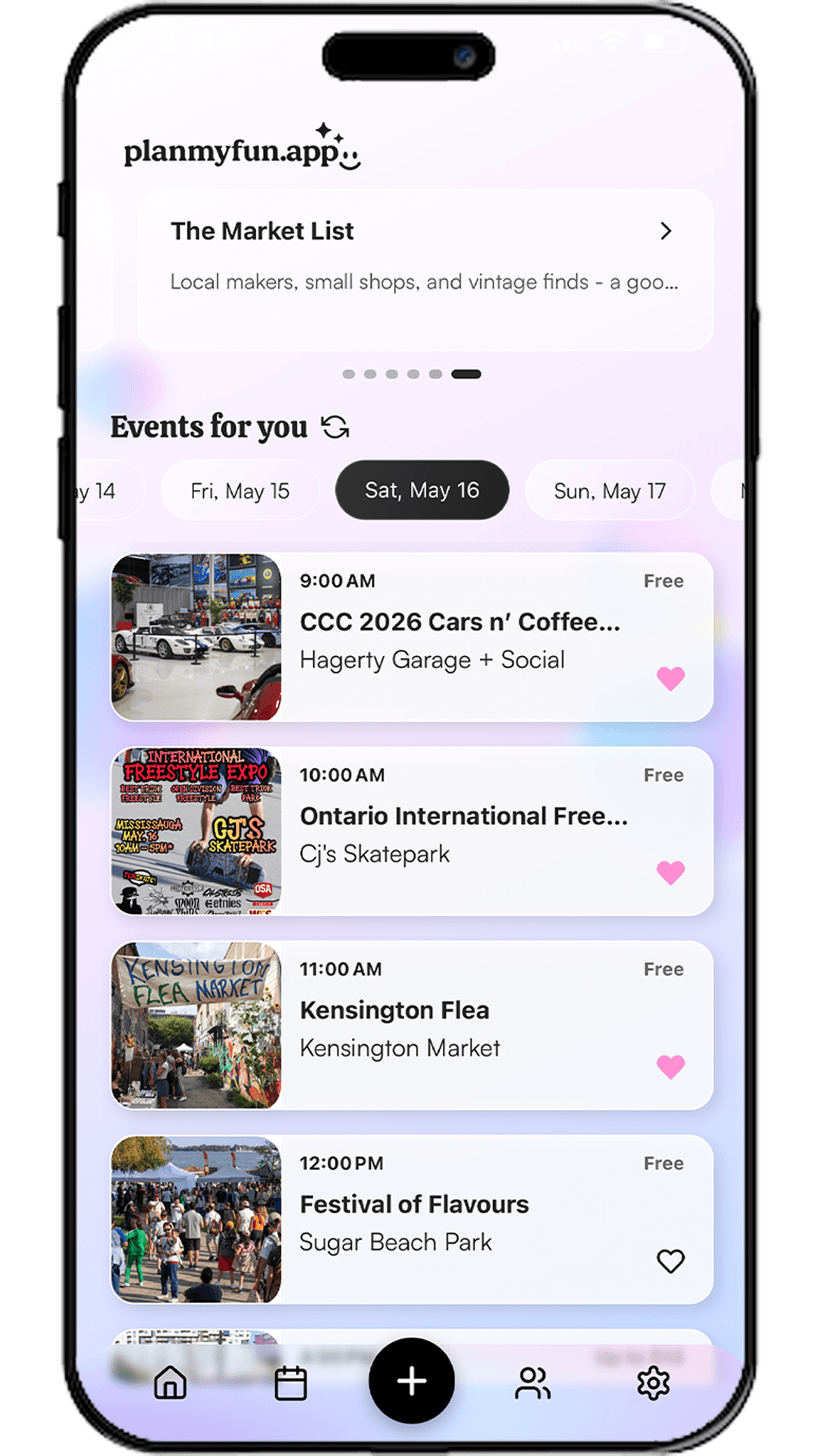 PlanMyFun home screen with curated local recommendations, date filters, and nearby events.