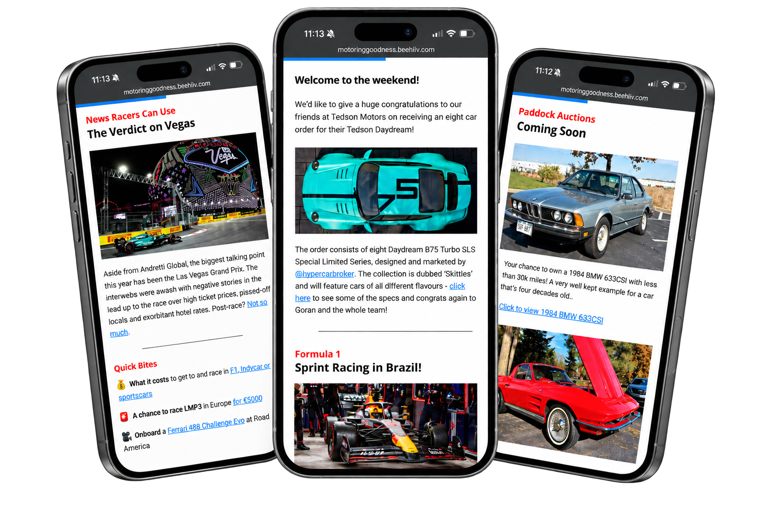 Weekly Motoring Goodness newsletter displayed on iPhones.
