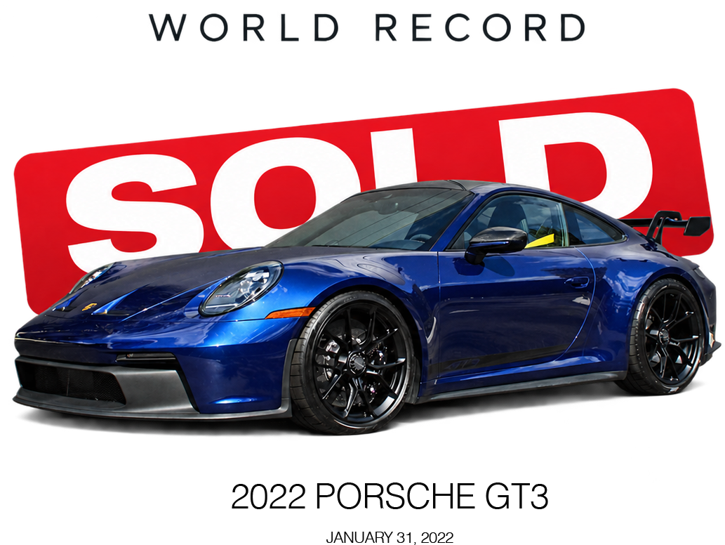 Blue Porsche 911 GT3 auction result graphic documenting the $315,000 sale through P1 Groupe on January 31, 2022.